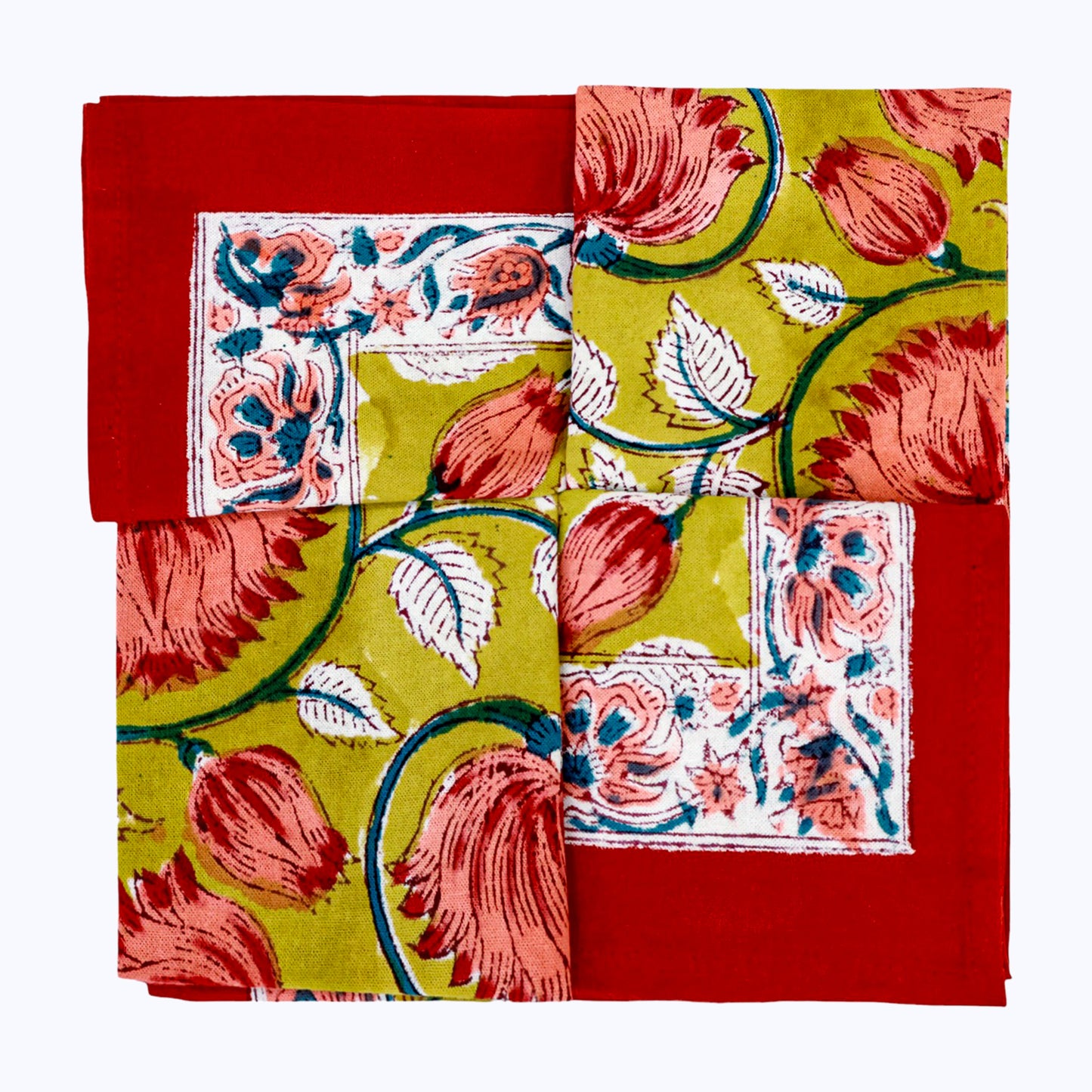Red and Yellow Hand Block Printed Cotton Napkins 4 Pieces - My Store
