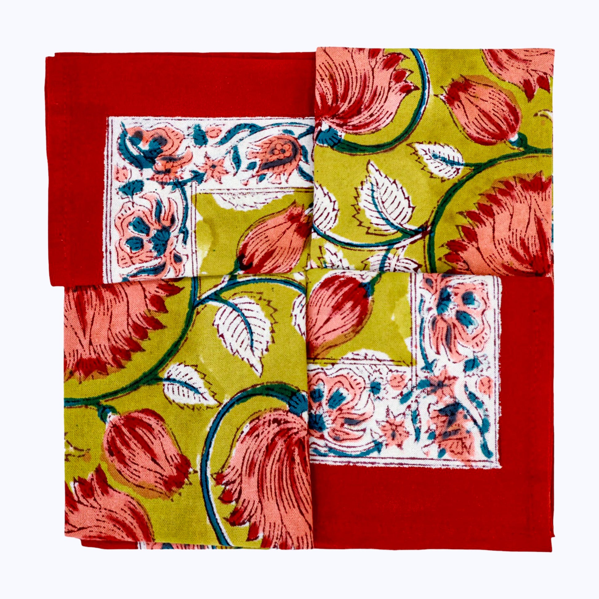 Red and Yellow Hand Block Printed Cotton Napkins 4 Pieces - My Store