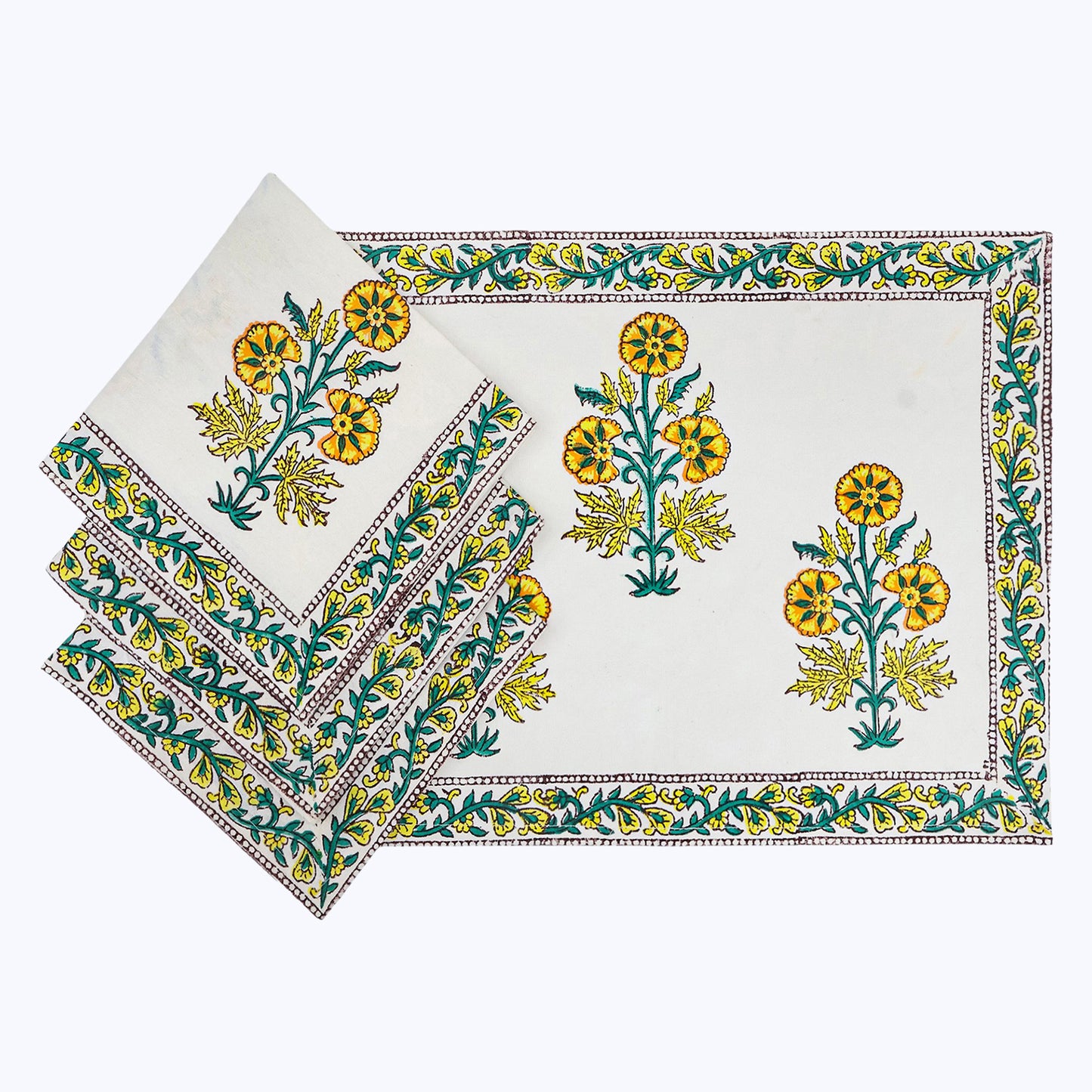Yellow and White Handmade Block Printed Cotton Napkins Set Of 4 - My Store