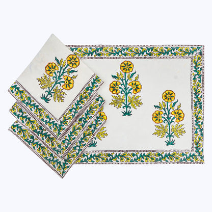 Yellow and White Handmade Block Printed Cotton Napkins Set Of 4 - My Store