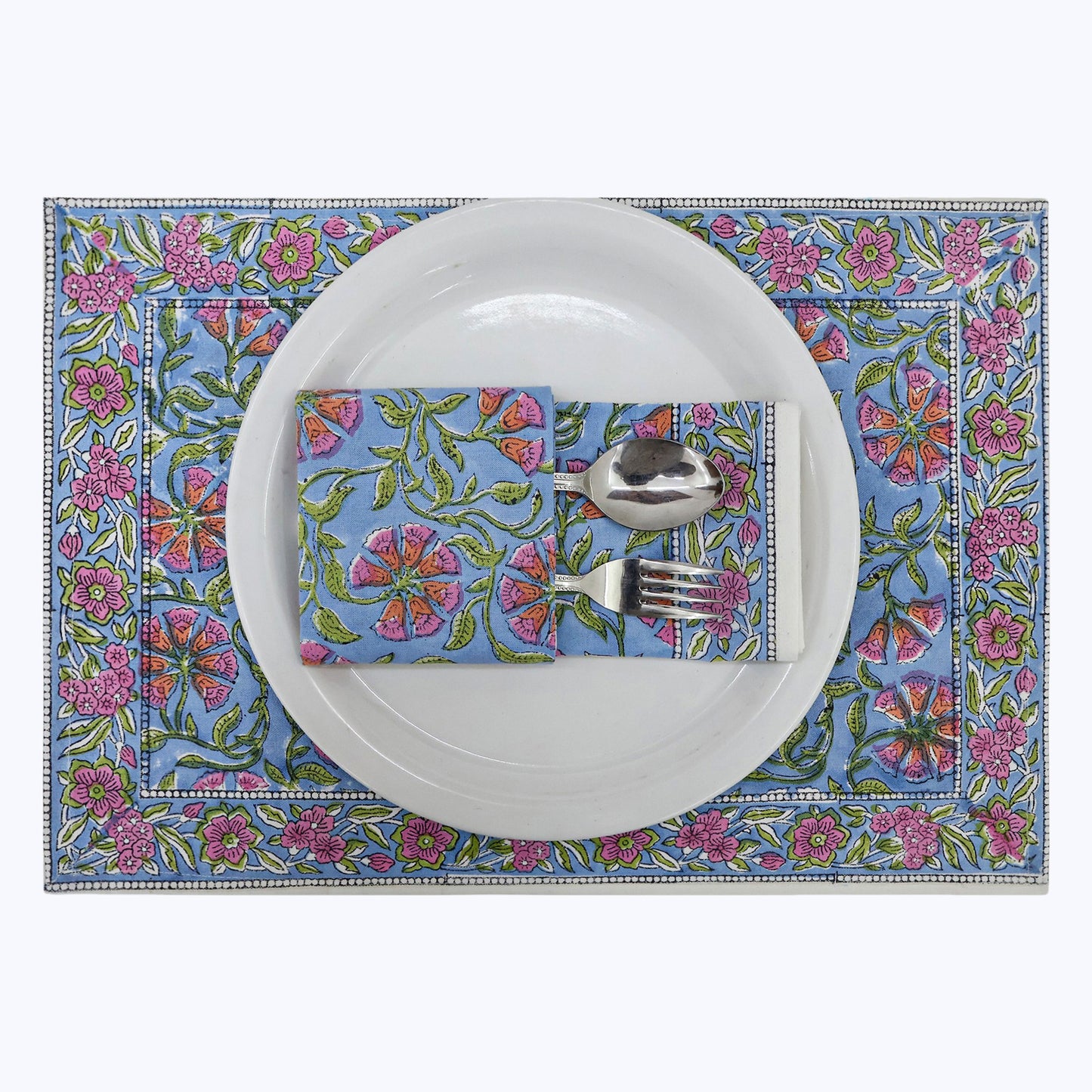 Pink With Green Handmade Block Printed Cotton Napkins Set Of 4 - My Store