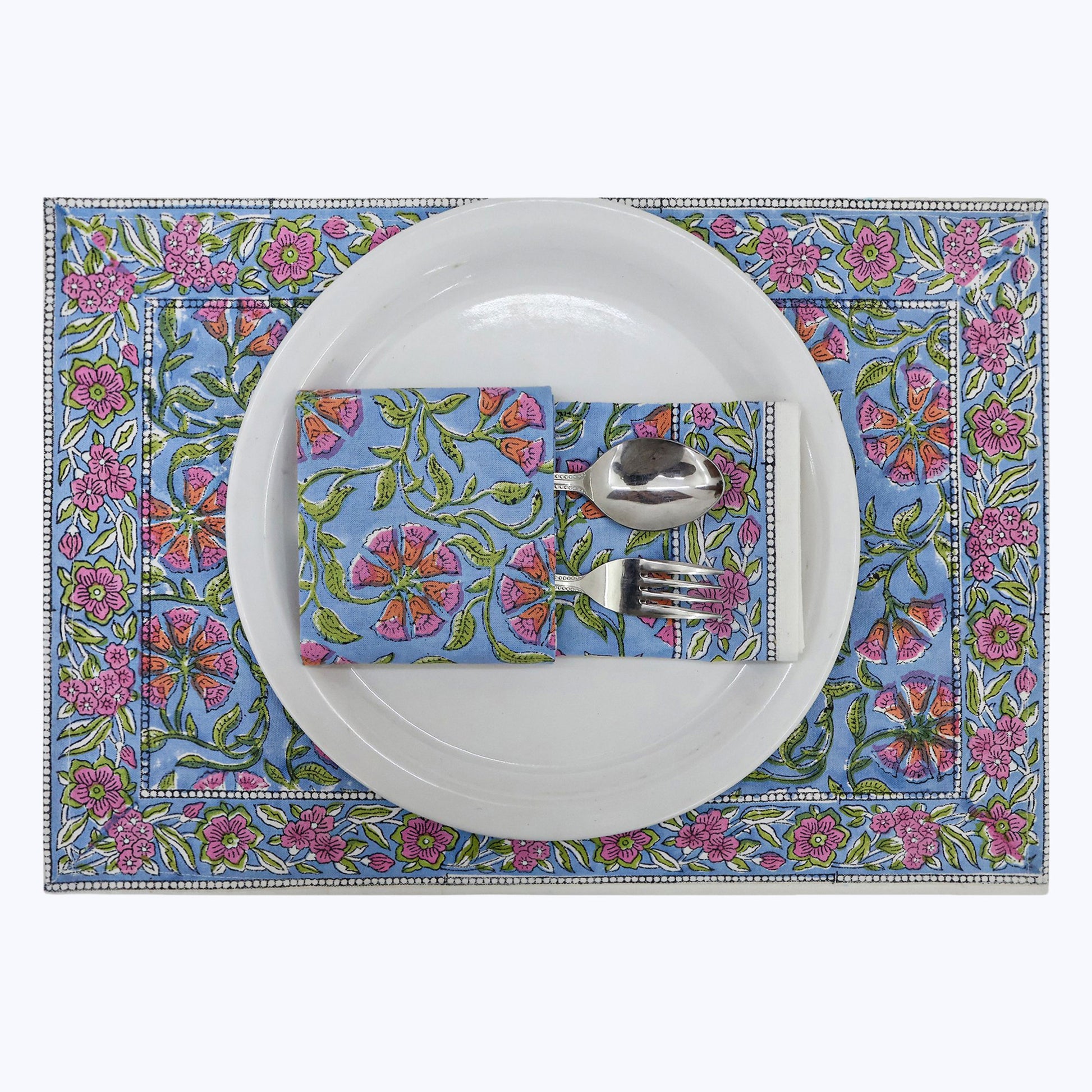 Pink With Green Handmade Block Printed Cotton Napkins Set Of 4 - My Store