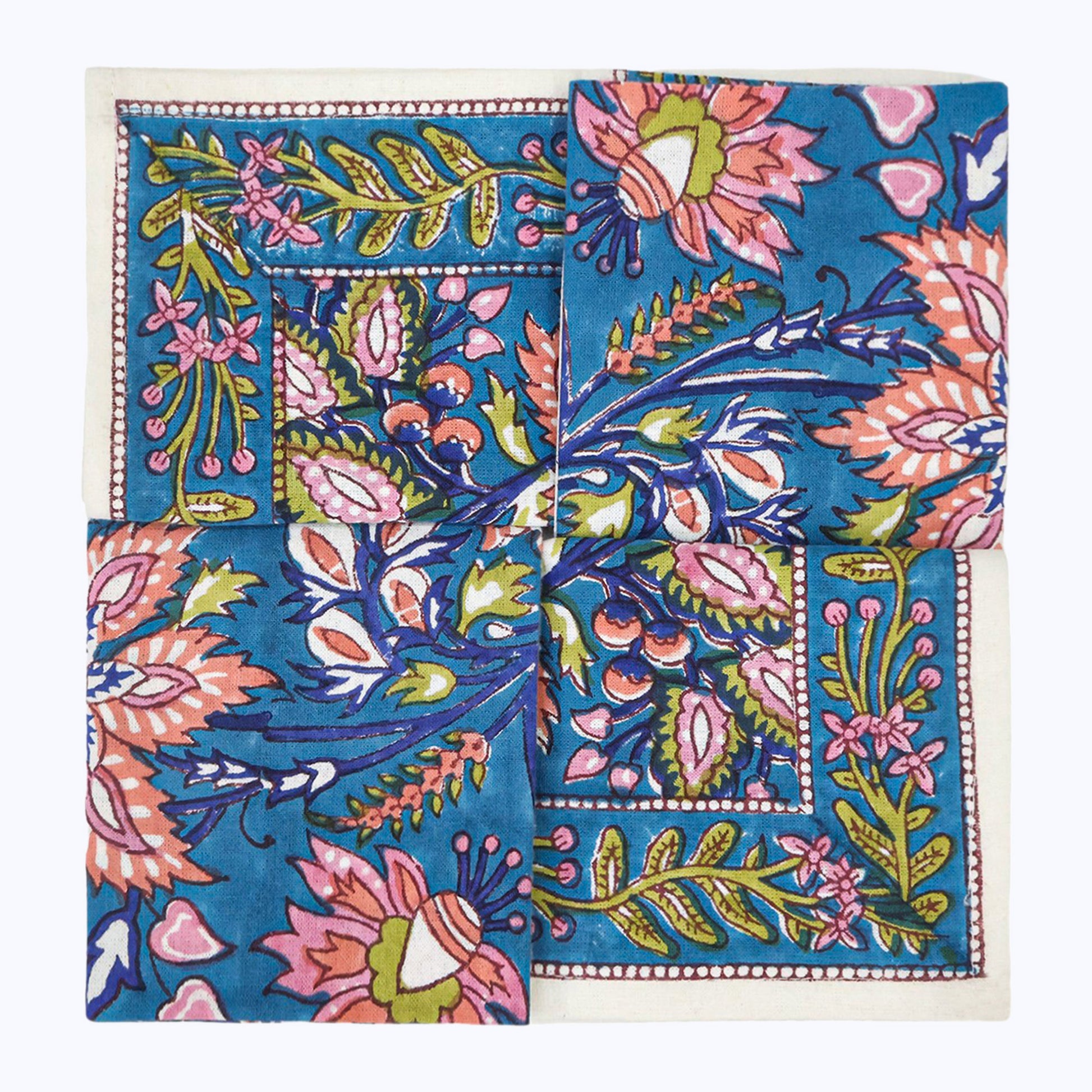 Blue and Pink Handmade Block Printed Cotton Napkins Set Of 4 - My Store