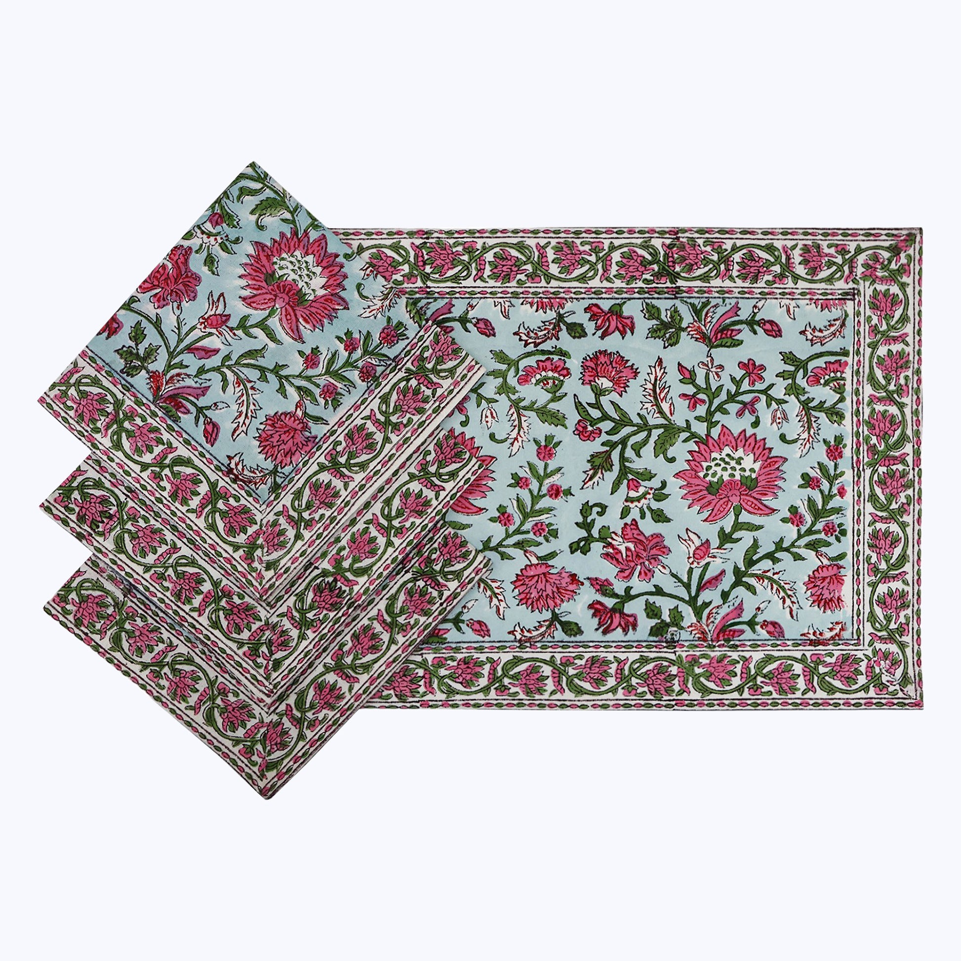 Red Withe Green Handmade Block Printed Cotton Napkins Set Of 4 - My Store