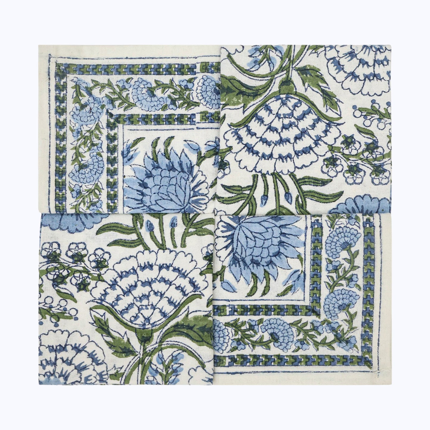 Blue and White Hand Block Printed Floral Set Of 4 Napkins - My Store