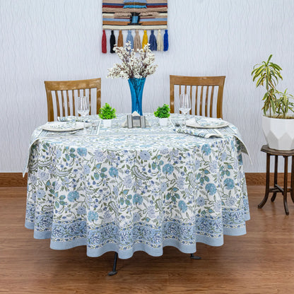 Baby Blue and White Floral Block Printed Round Table Cover - My Store
