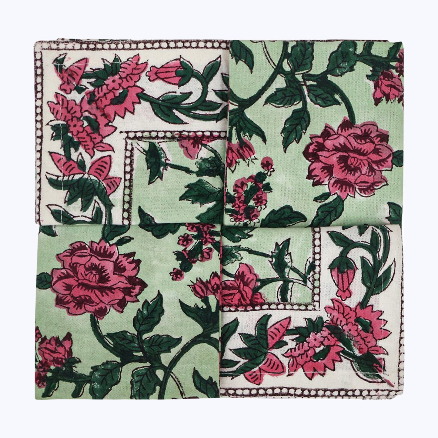 Pink and Green Hand Block Printed Cotton Napkins Set OF 4 - My Store