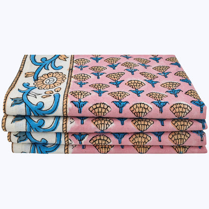 Pink and Blue Hand Block Printed Cotton Napkins Set Of 4 - My Store