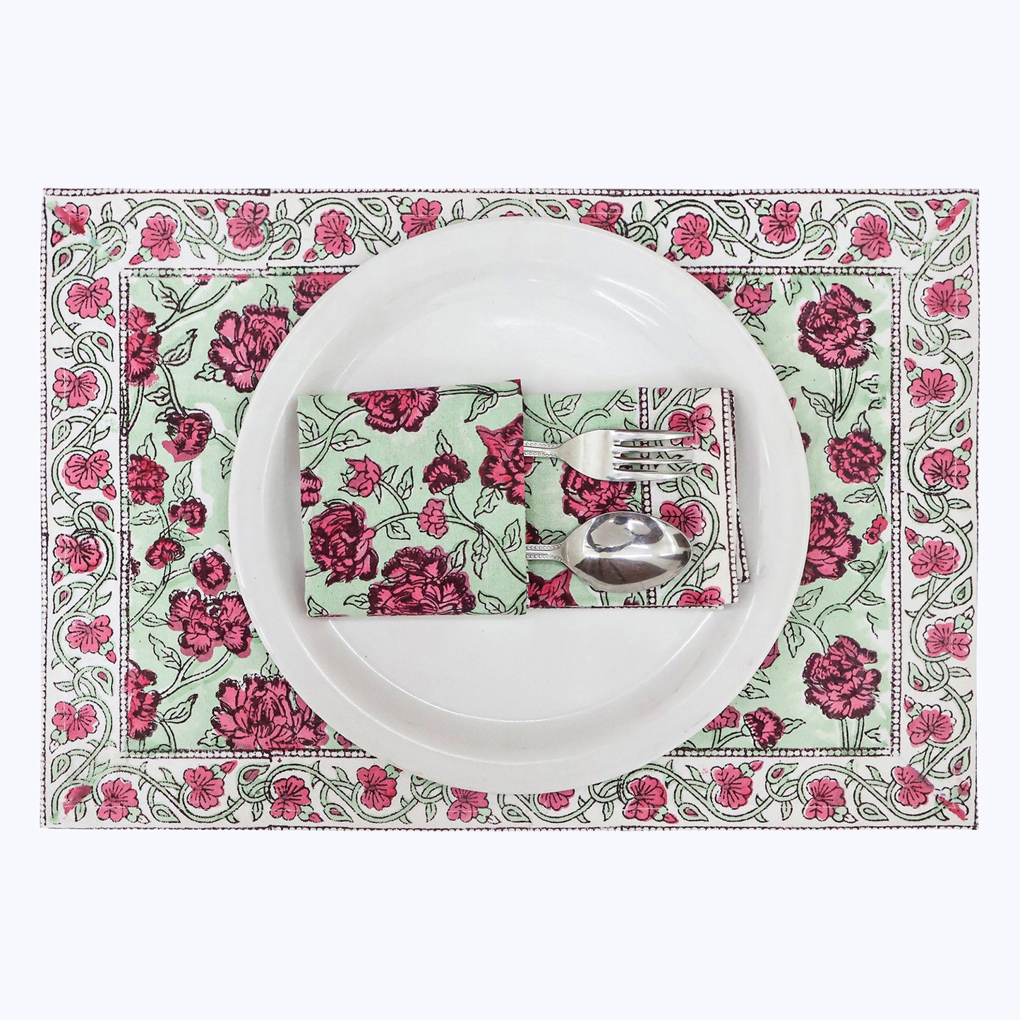 Pink and Green Handmade Block Printed Cotton Napkins Set Of 4 - My Store