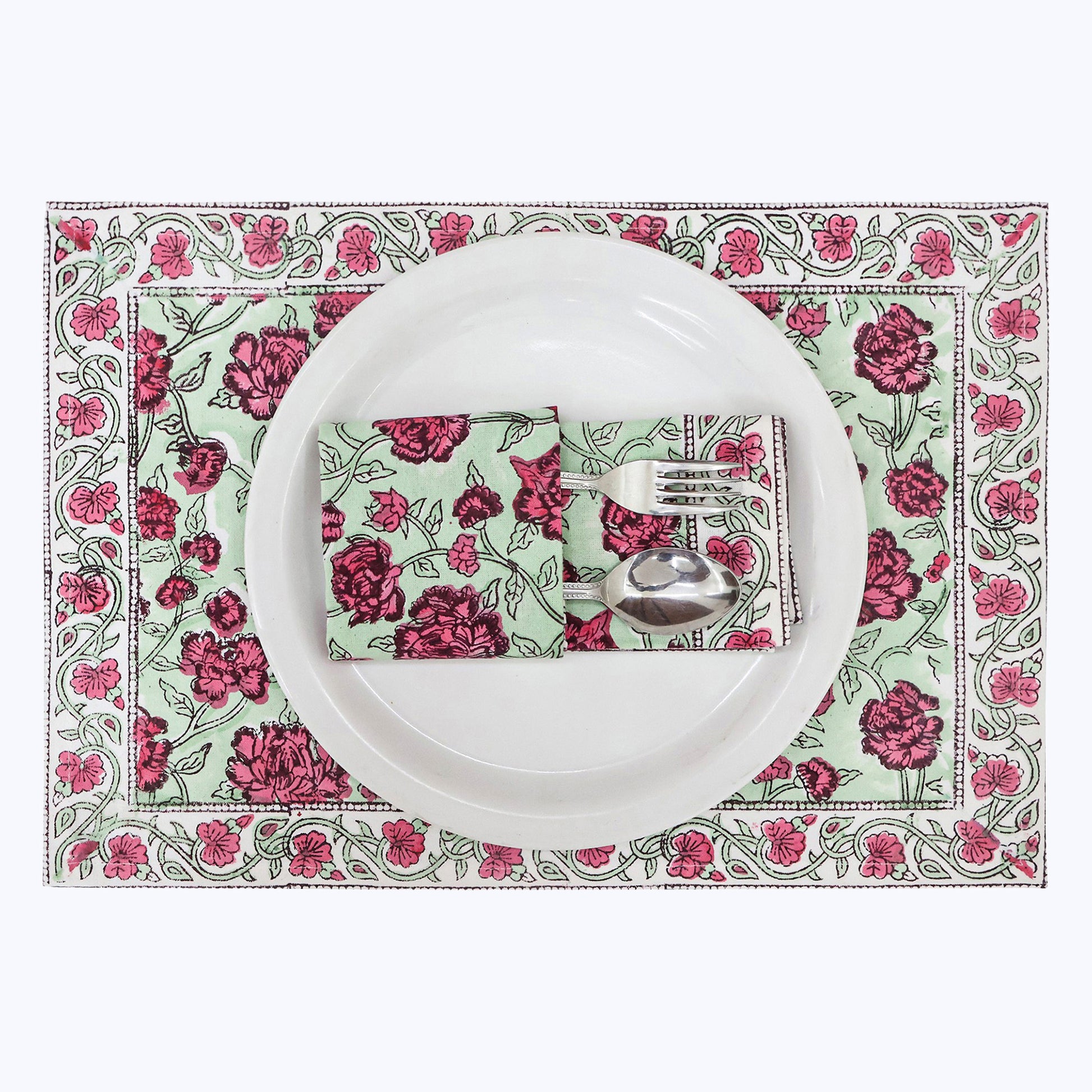 Pink and Green Handmade Block Printed Cotton Napkins Set Of 4 - My Store