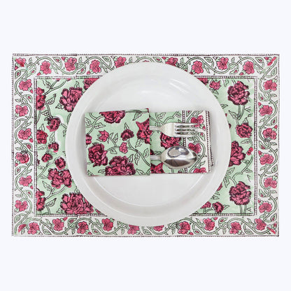 Pink and Green Handmade Block Printed Cotton Napkins Set Of 4 - My Store
