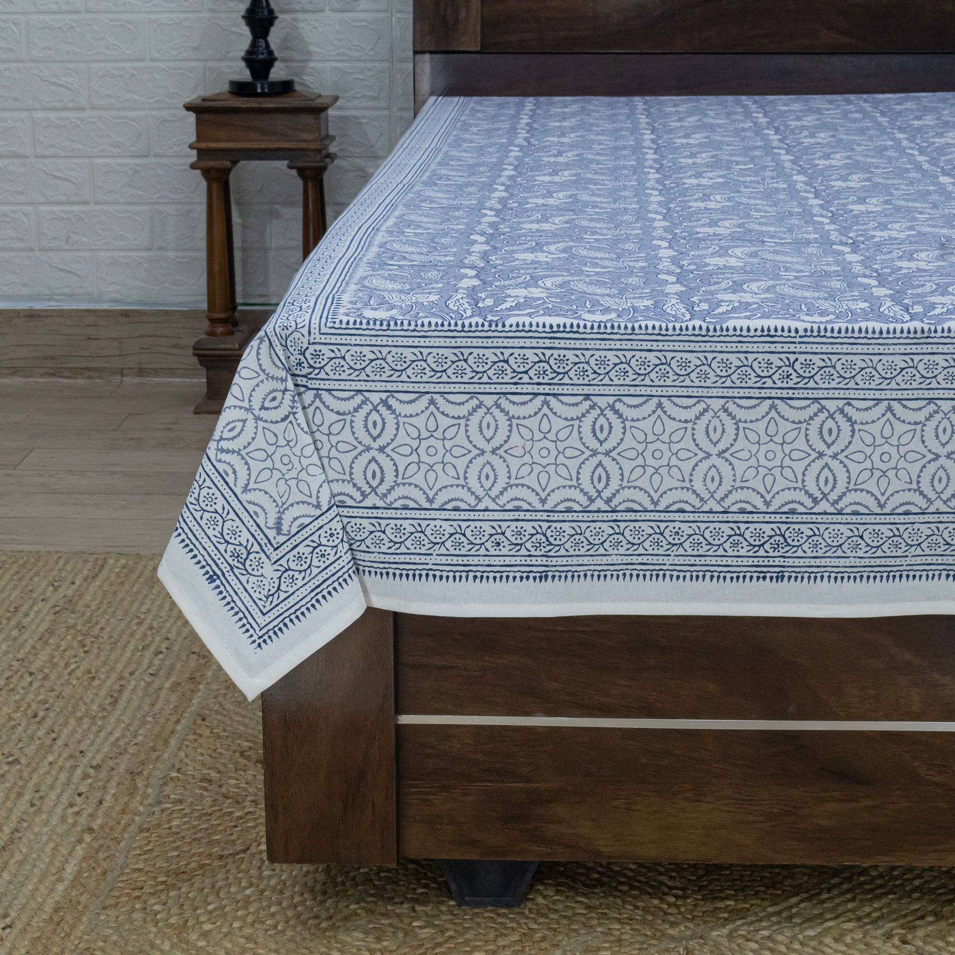 Cotton Bedsheet – Hand Block Floral Print – Blue and White – King, Queen, Twin Sizes - My Store
