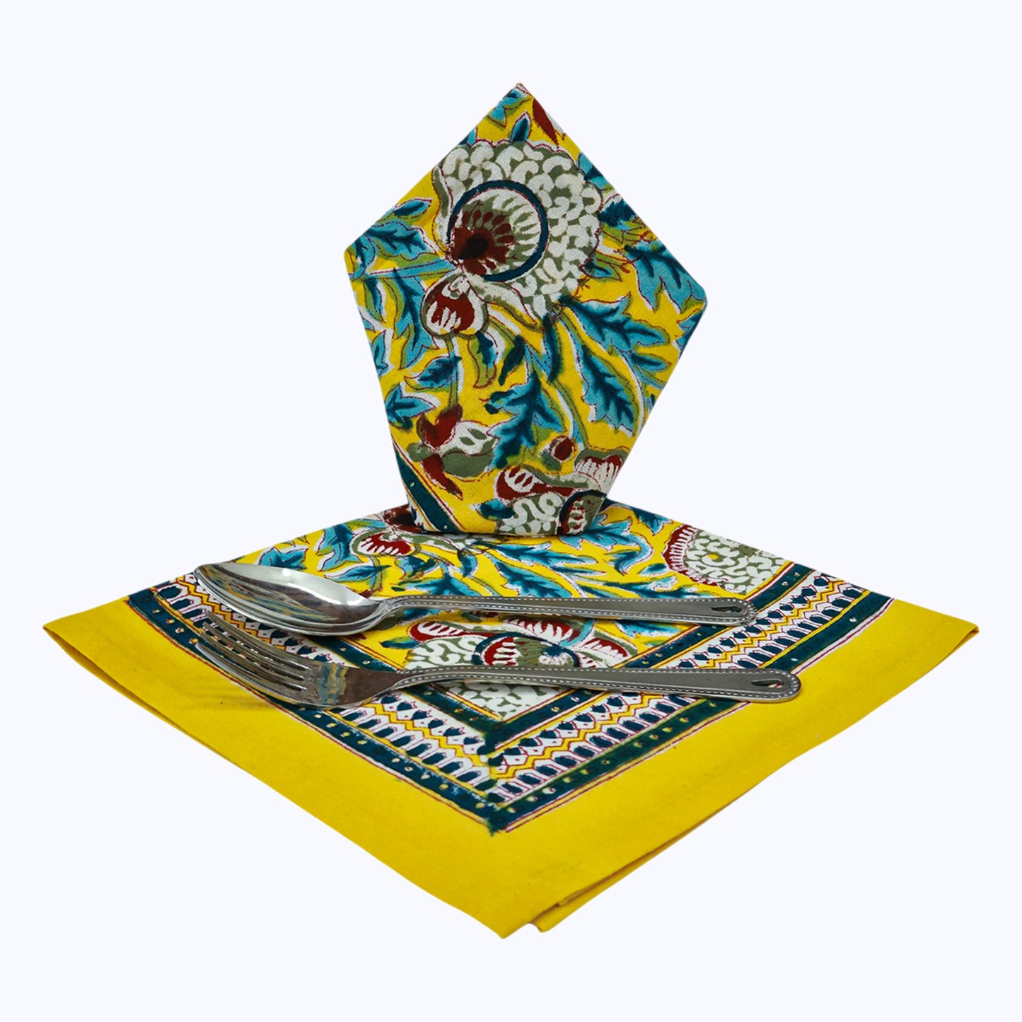 Yellow and Blue Handmade Block Printed Cotton Napkins 4 Pieces Set - My Store