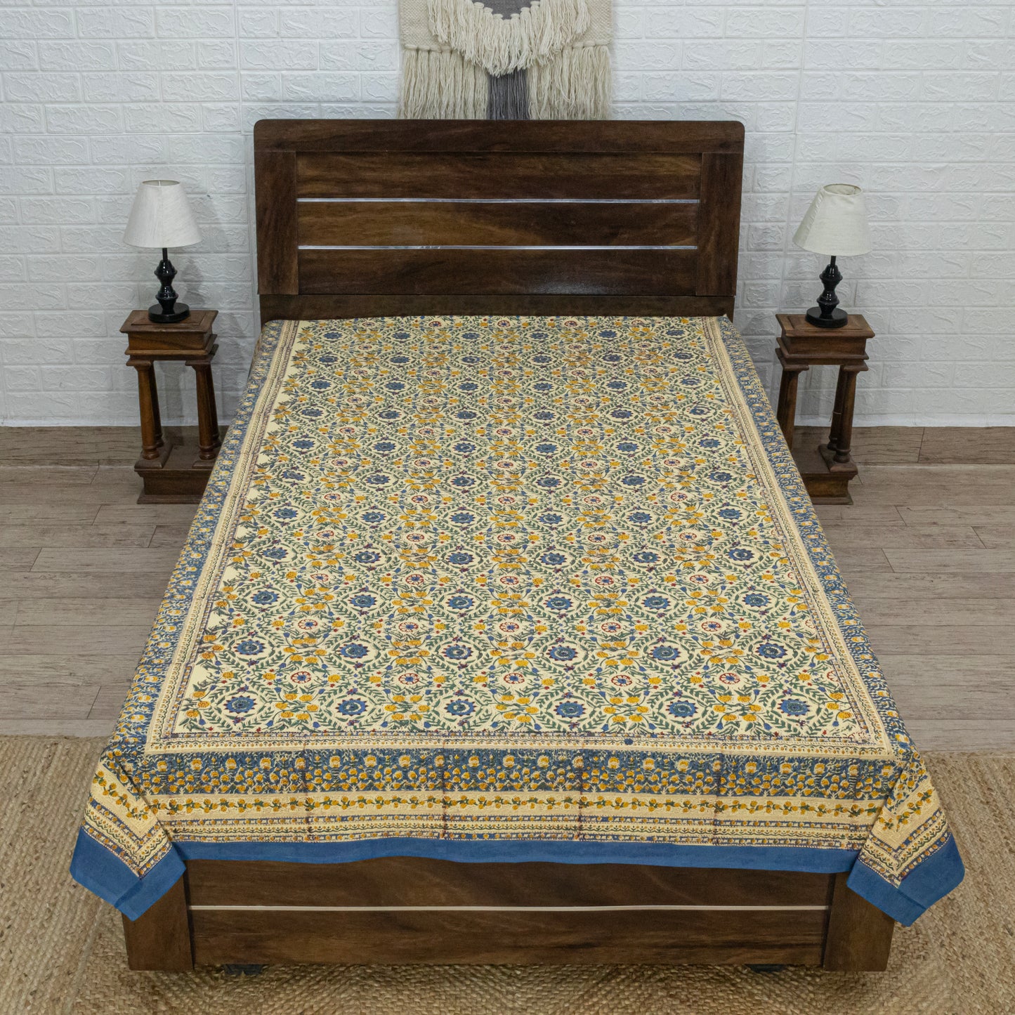 Cotton Bedsheet – Hand Block Floral Print – Yellow & Blue – King, Queen, Twin Sizes - My Store