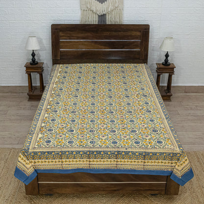 Cotton Bedsheet – Hand Block Floral Print – Yellow & Blue – King, Queen, Twin Sizes - My Store