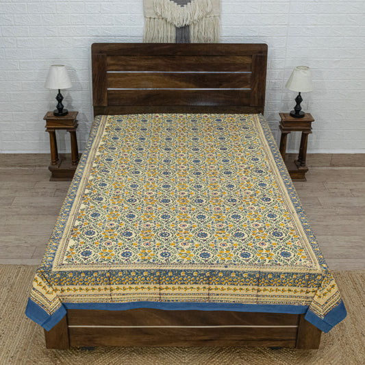 Cotton Bedsheet – Hand Block Floral Print – Yellow & Blue – King, Queen, Twin Sizes - My Store