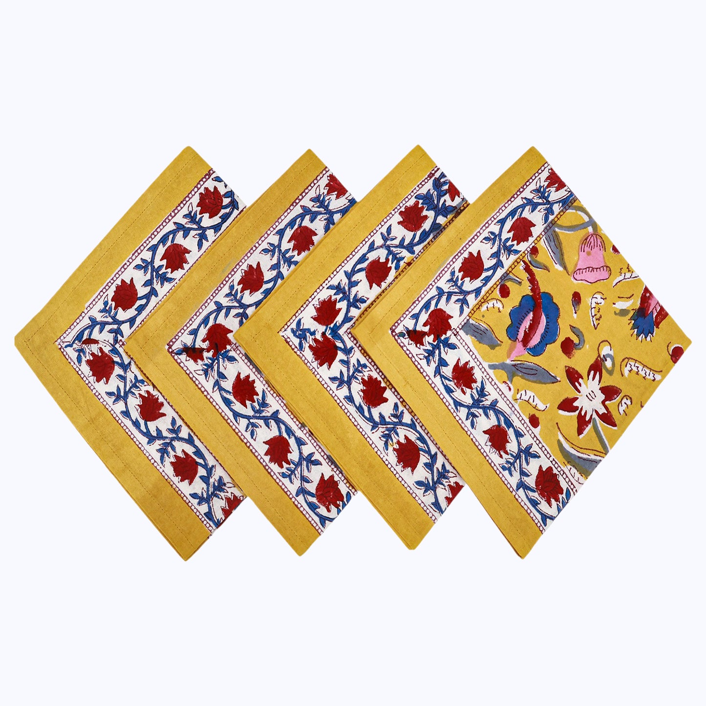 Yellow and Red Handmade Block Printed Napkins Set Of 4 - My Store