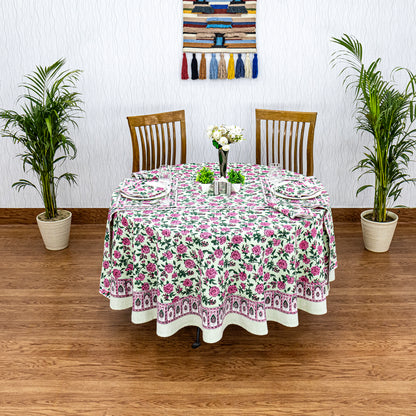 Pink and Green Hand Block Printed Round Tablecloth - My Store