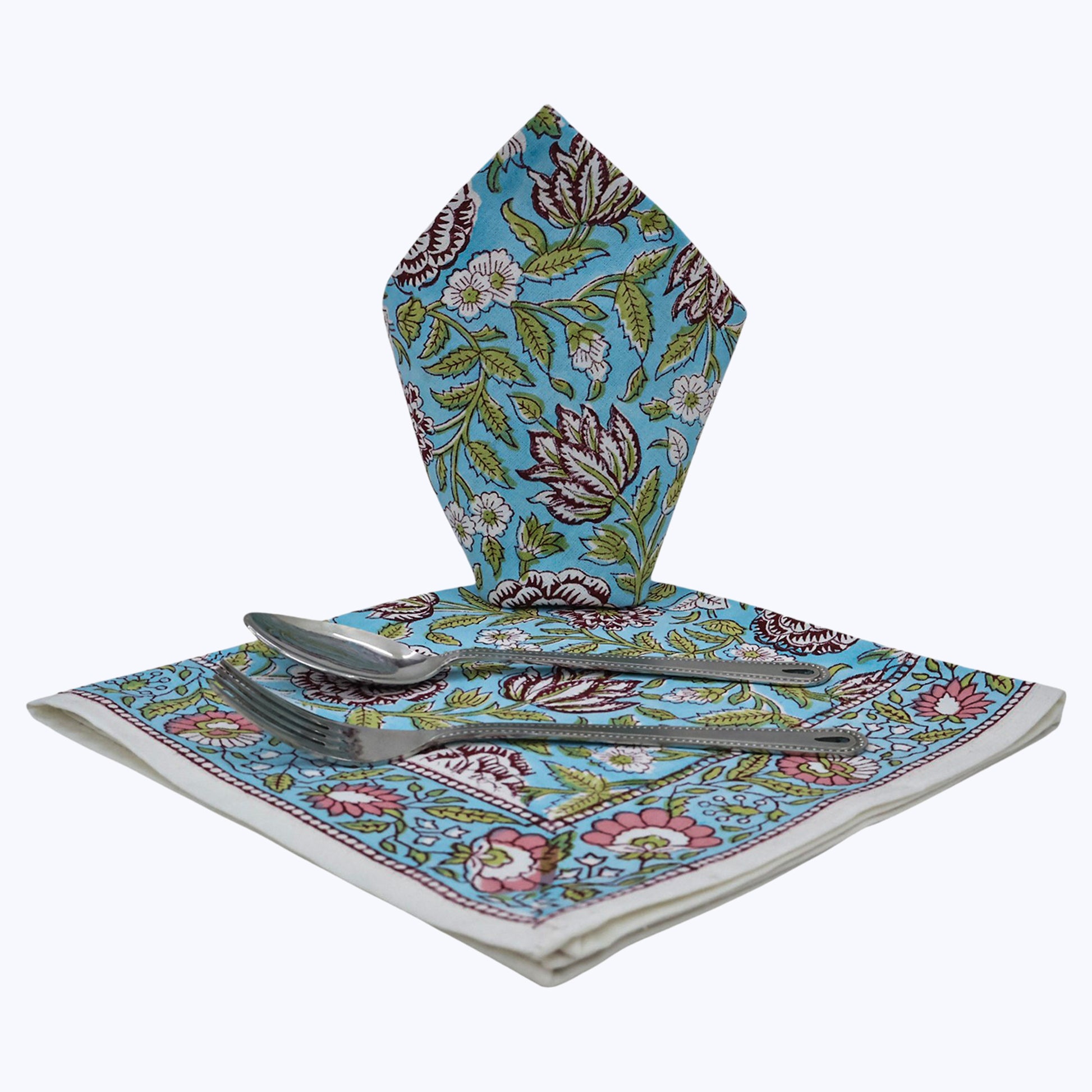 Green With Red Handmade Block Printed Cotton Napkins Set Of 4 - My Store