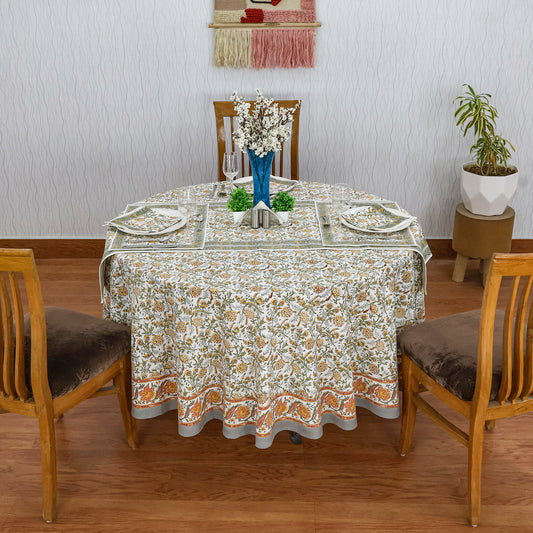 Grey and White Floral Block Printed Table Cloth For Valentine Decor - My Store