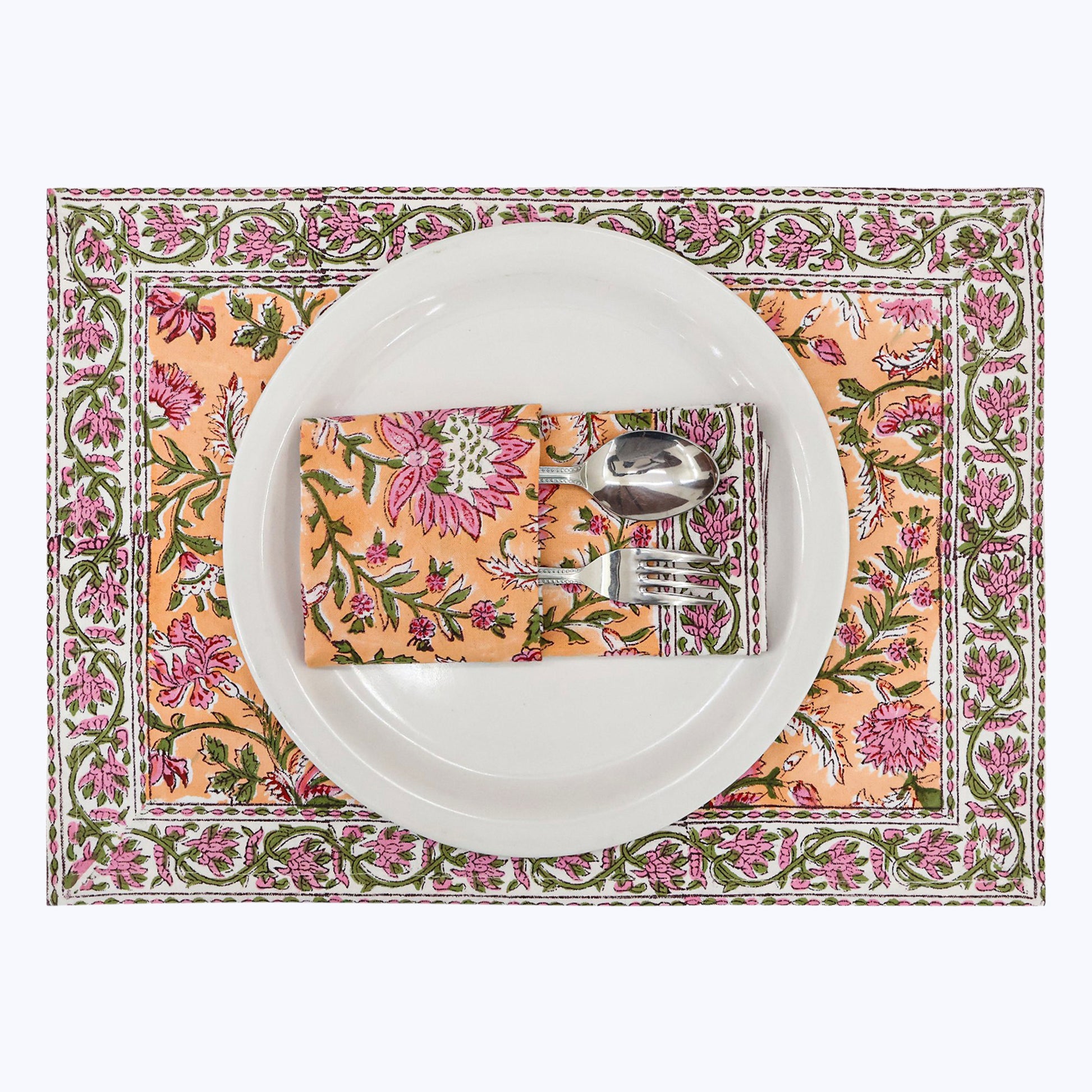Orange and Pink Hand Block Printed Cotton Napkins Set Of 4 - My Store