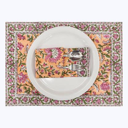 Orange and Pink Hand Block Printed Cotton Napkins Set Of 4 - My Store