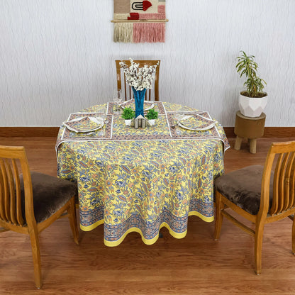 Blue & Yellow Cotton Hand Block Printed Round Tablecloth - My Store