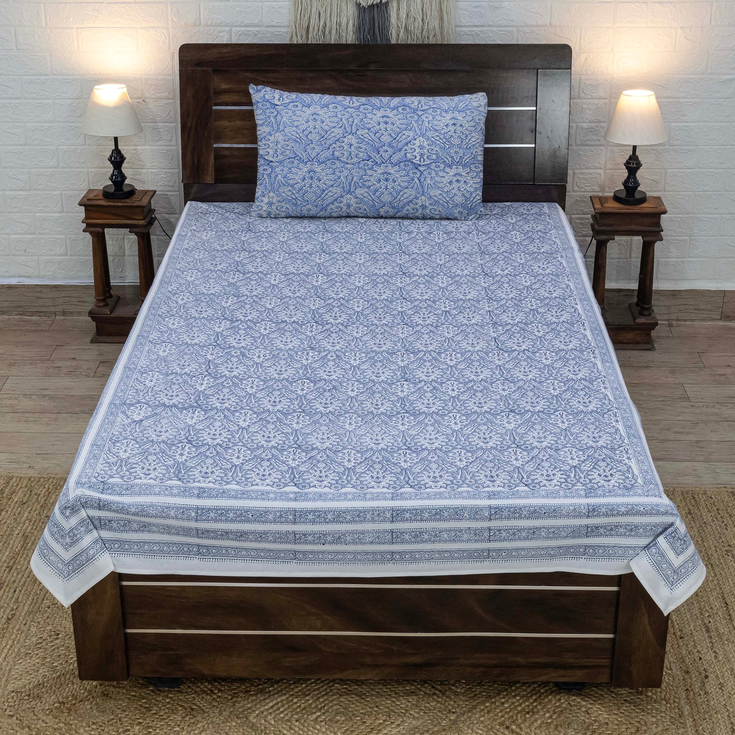Cotton Bedsheet – Hand Block Floral Print – Blue & White – King, Queen, Twin Sizes - My Store