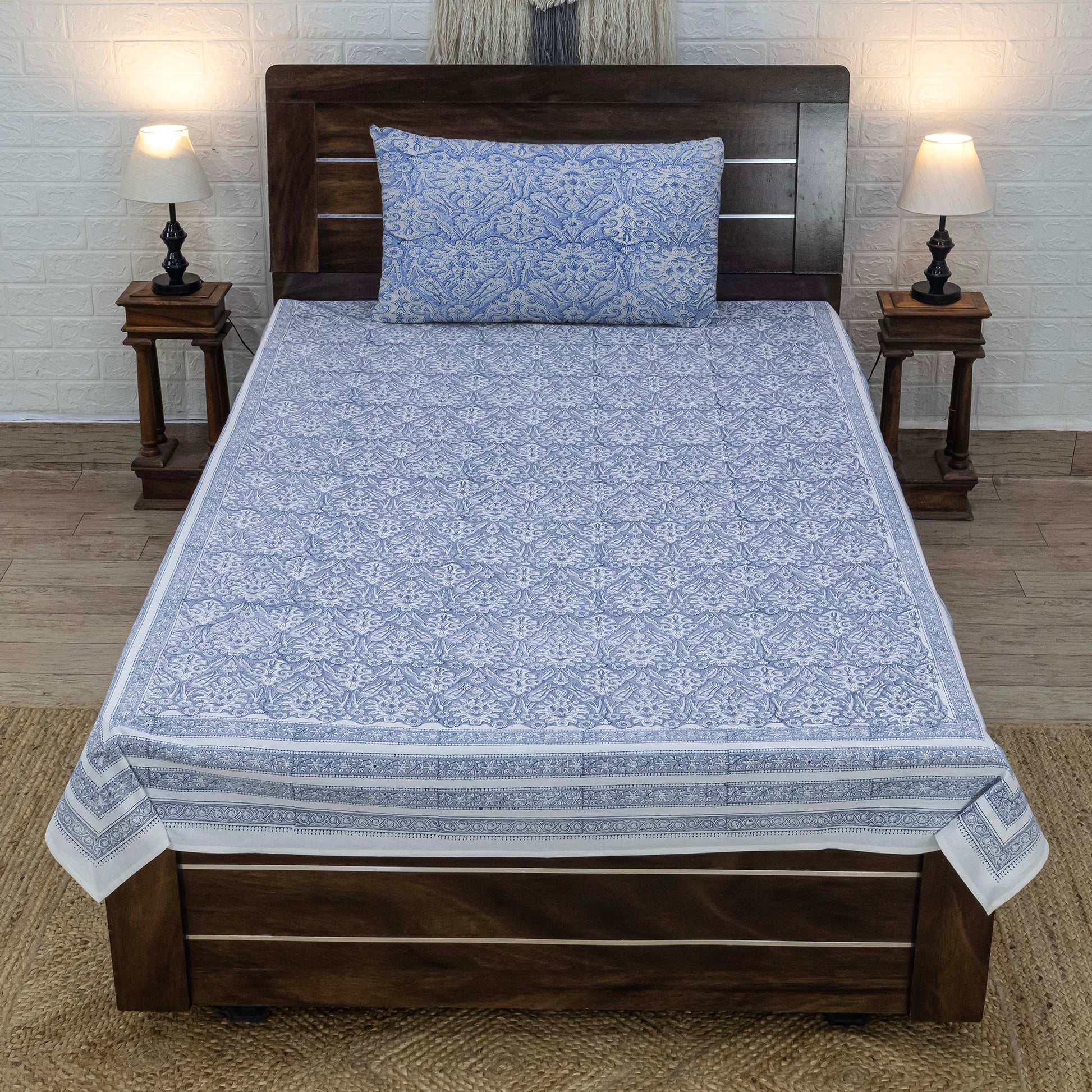 Cotton Bedsheet – Hand Block Floral Print – Blue & White – King, Queen, Twin Sizes - My Store