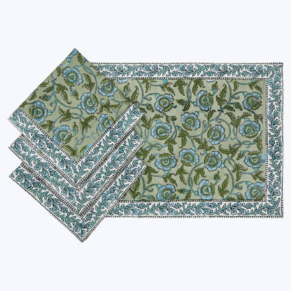 Green With Blue Handmade Block Printed Cotton Napkins Set Of 4 - My Store
