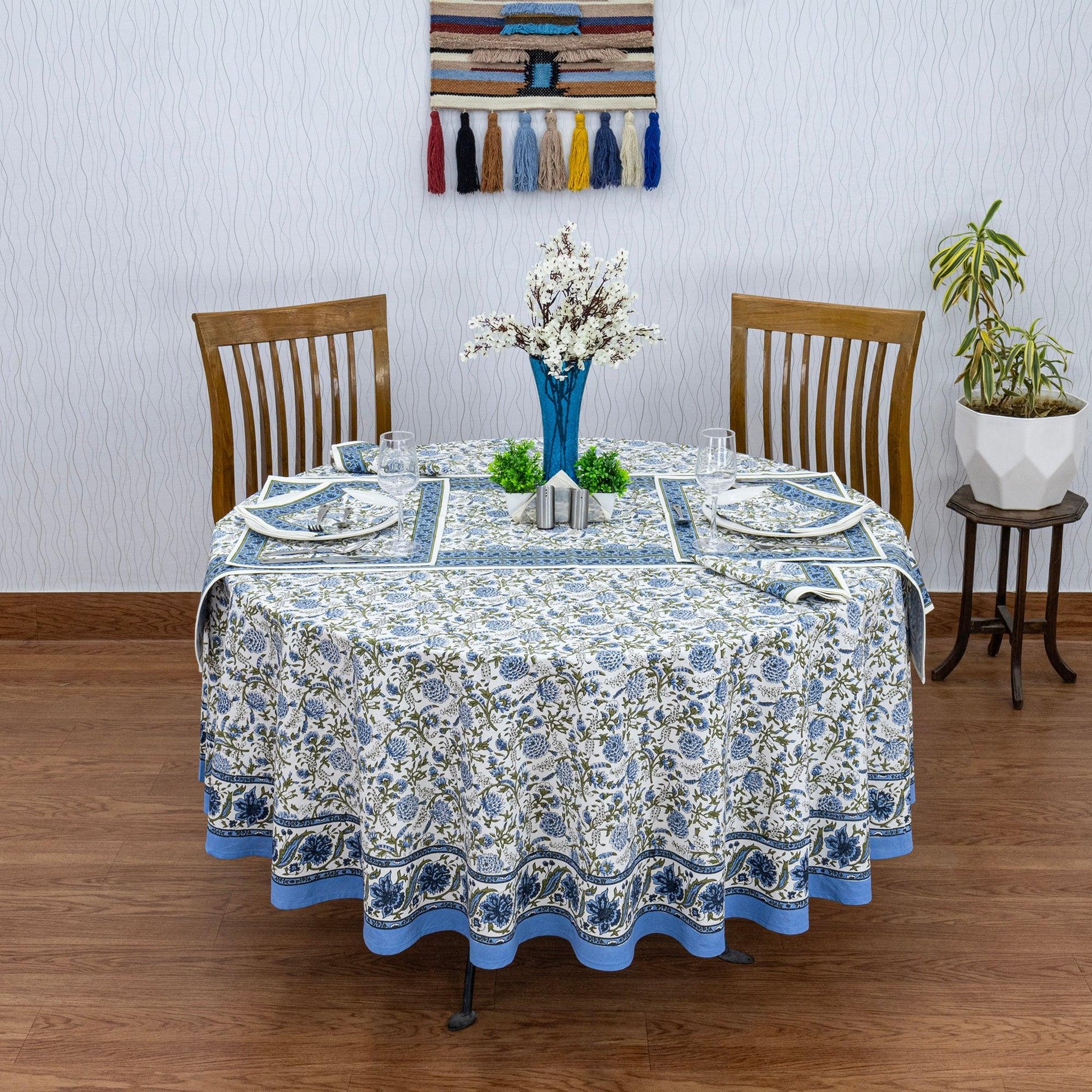 Blue & White Round Tablecloth, Dining Table Decor, Block Printed Mats, Valentine Gifts - My Store