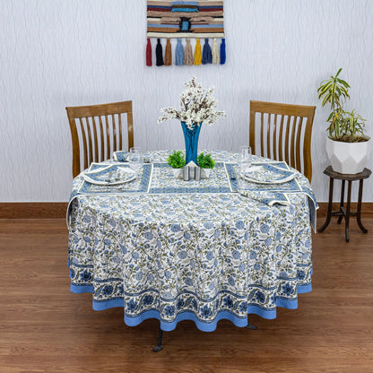 Blue & White Round Tablecloth, Dining Table Decor, Block Printed Mats, Valentine Gifts - My Store