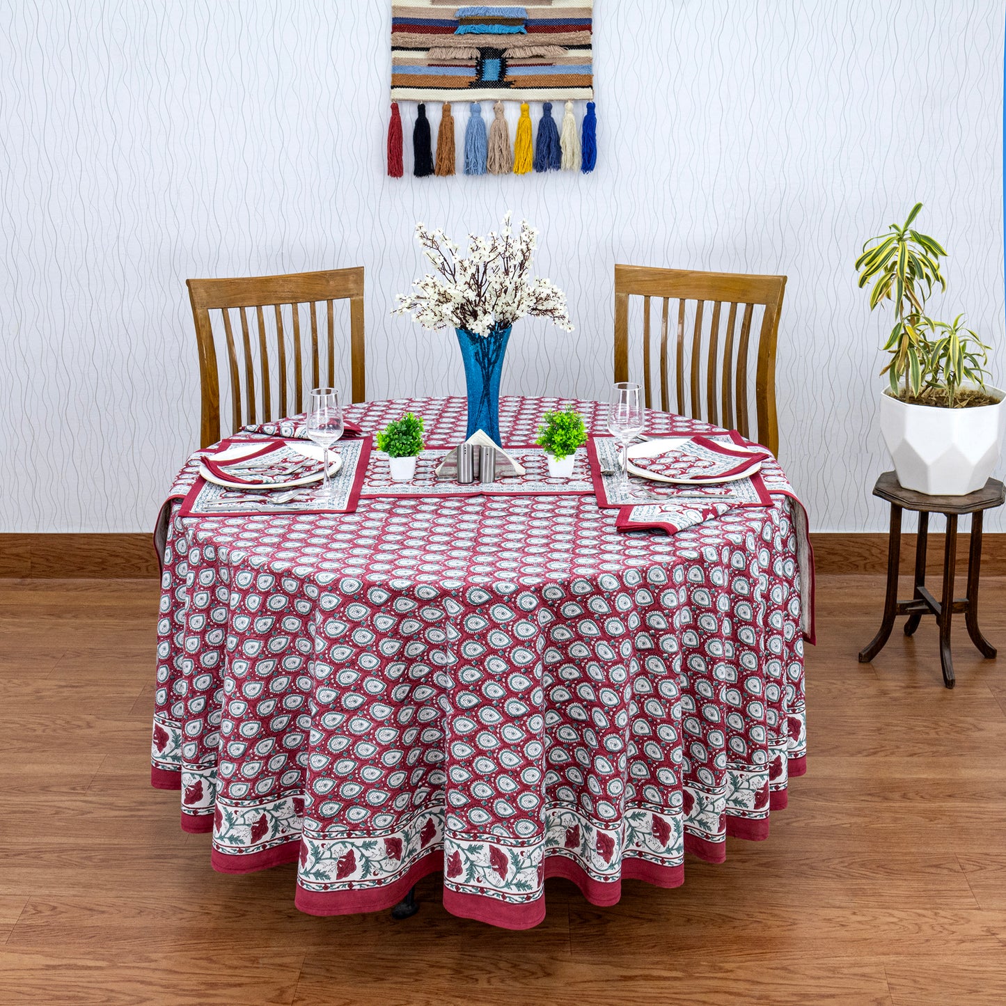 Red and White Cotton Hand Block Printed Round Tablecloth - My Store