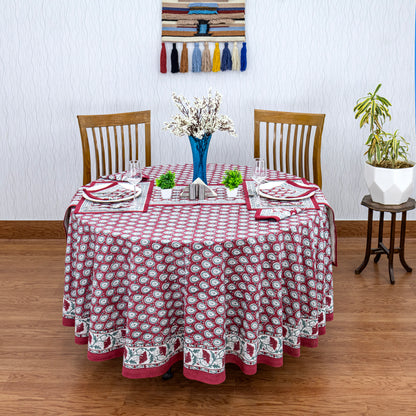 Red and White Cotton Hand Block Printed Round Tablecloth - My Store