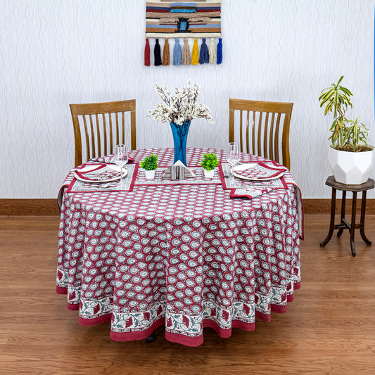 Red and White Cotton Hand Block Printed Round Tablecloth - My Store