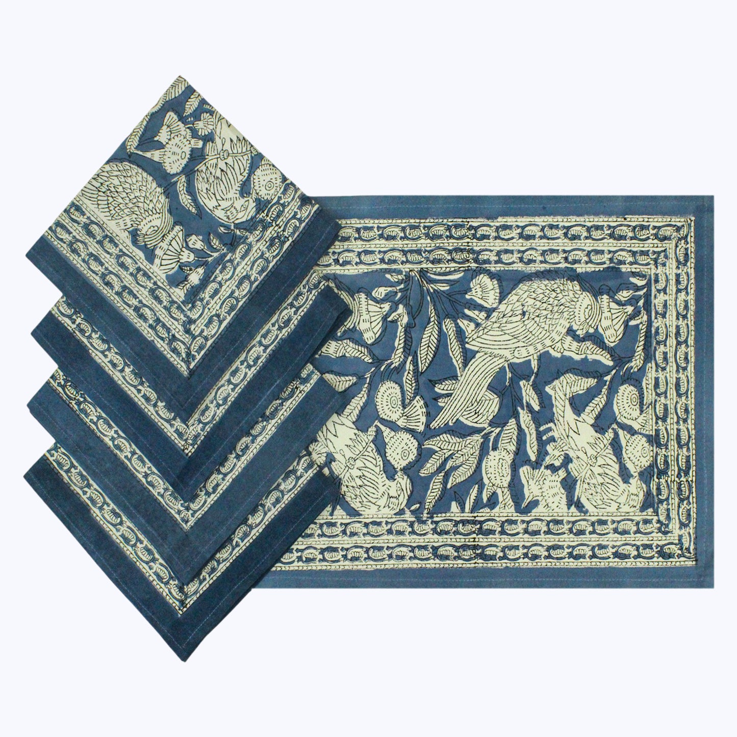 Floral Blue and White Block Printed Set Of 4 Napkins - My Store