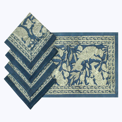 Floral Blue and White Block Printed Set Of 4 Napkins - My Store