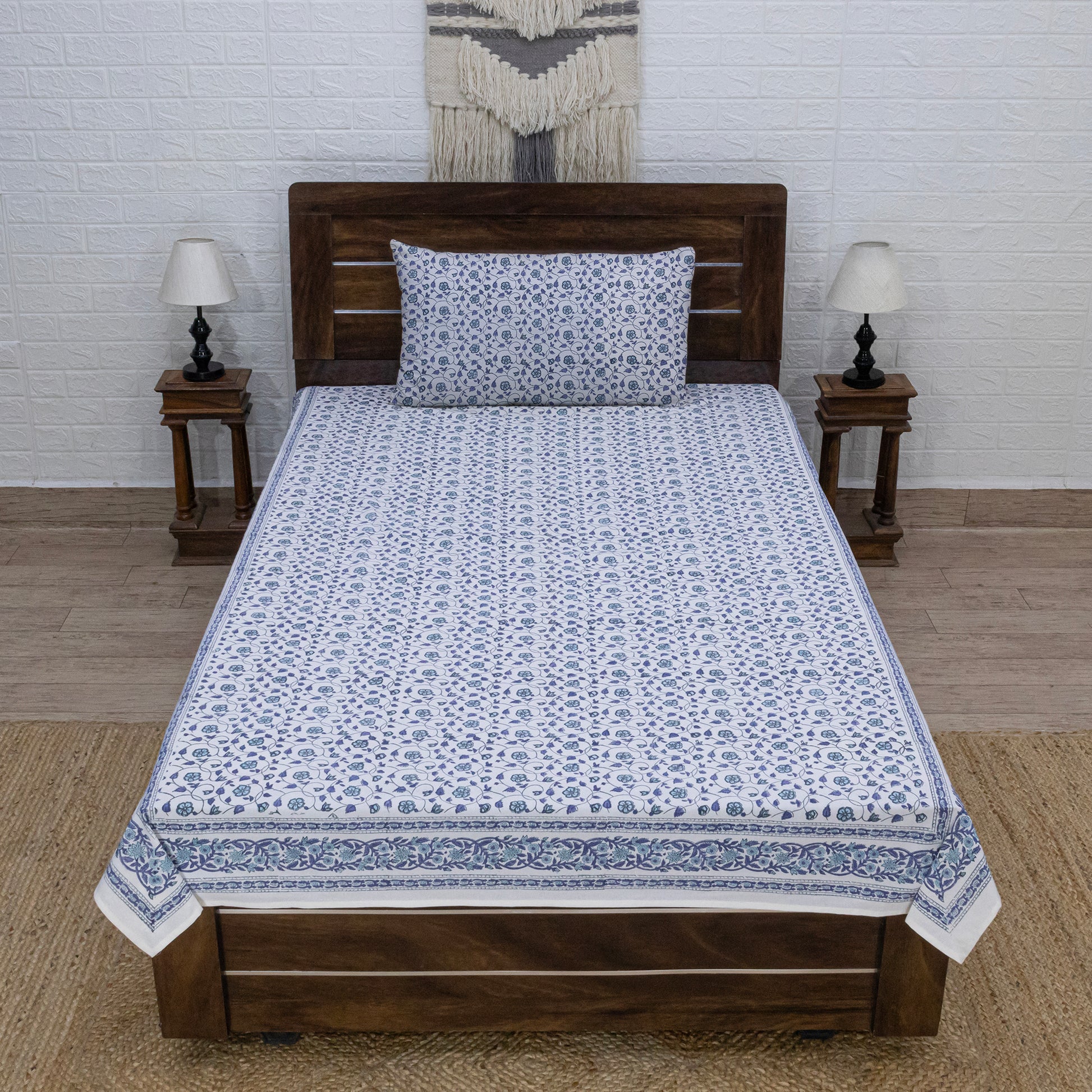 Cotton Bedsheet – Hand Block Floral Print – Blue & White – King, Queen, Twin Sizes - My Store