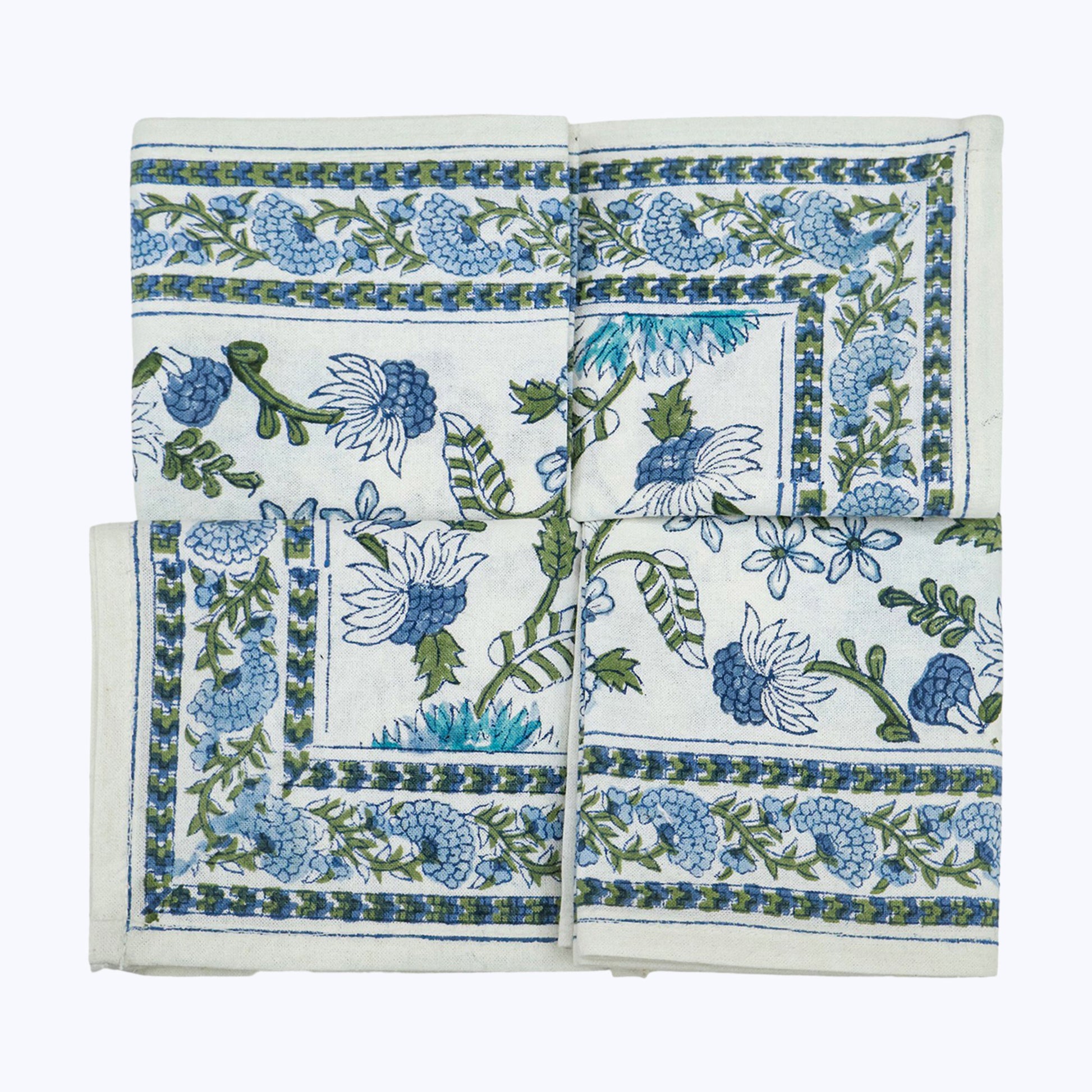 Blue and White Cotton Block Print Set Of 4 Napkins - My Store
