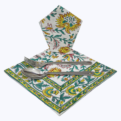Green and Yellow Handmade Block Printed Cotton Napkins Set Of 4 - My Store