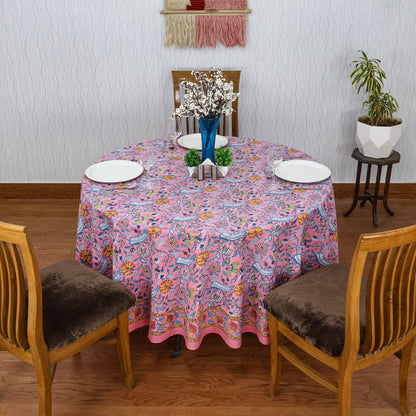 Pink and Blue Handmade Block Printed Round Tablecloth - My Store