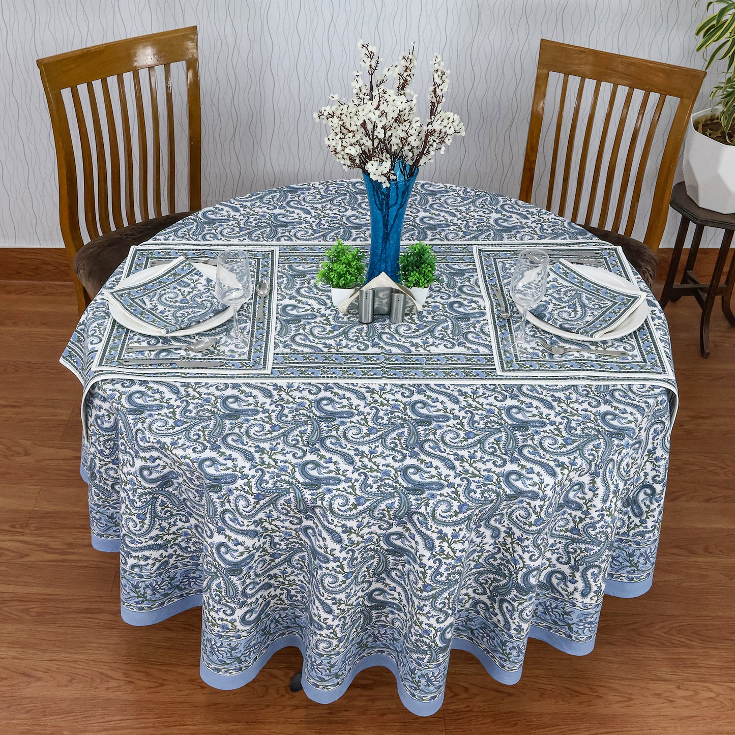 Blue Cotton Hand Block Printed Round Tablecloth - My Store