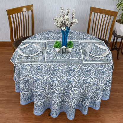 Blue Cotton Hand Block Printed Round Tablecloth - My Store