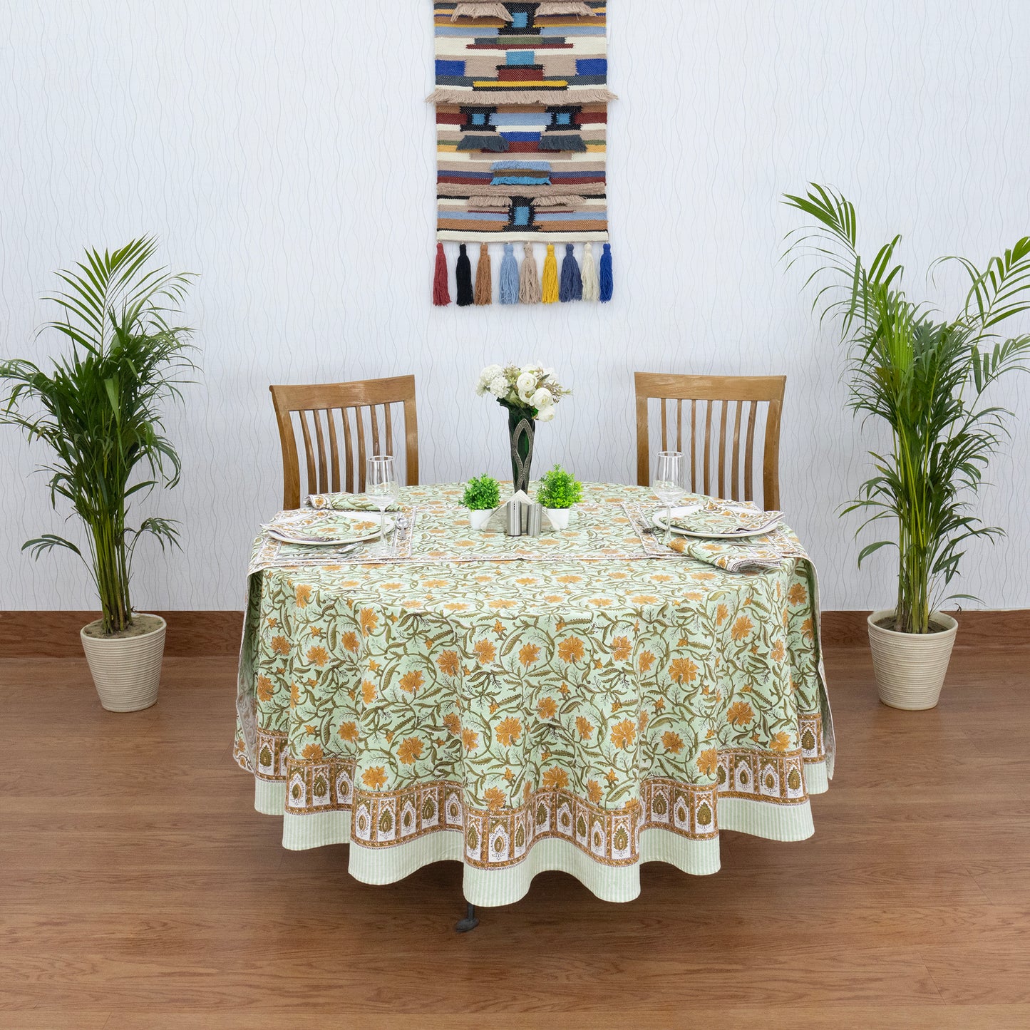 Green and Orange Hand Block Printed Cotton Tablecloth - My Store
