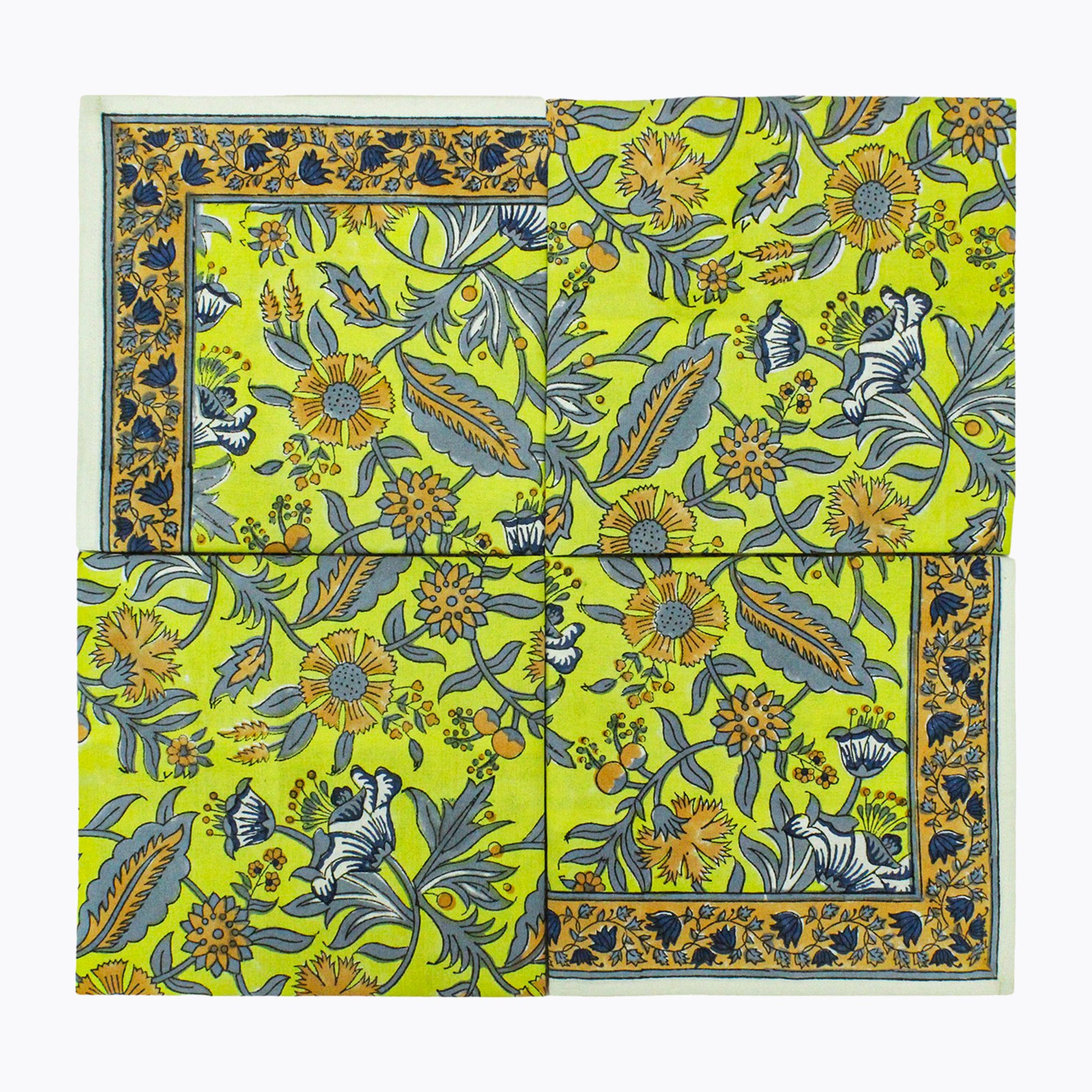 Indian Block Printed Yellow and Grey Cotton Set Of 4 Napkins - My Store