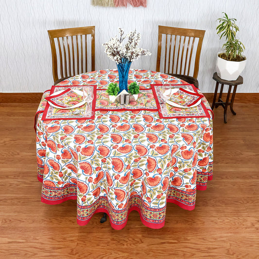 Floral Handmade Block Printed Cotton Round Tablecloth - My Store