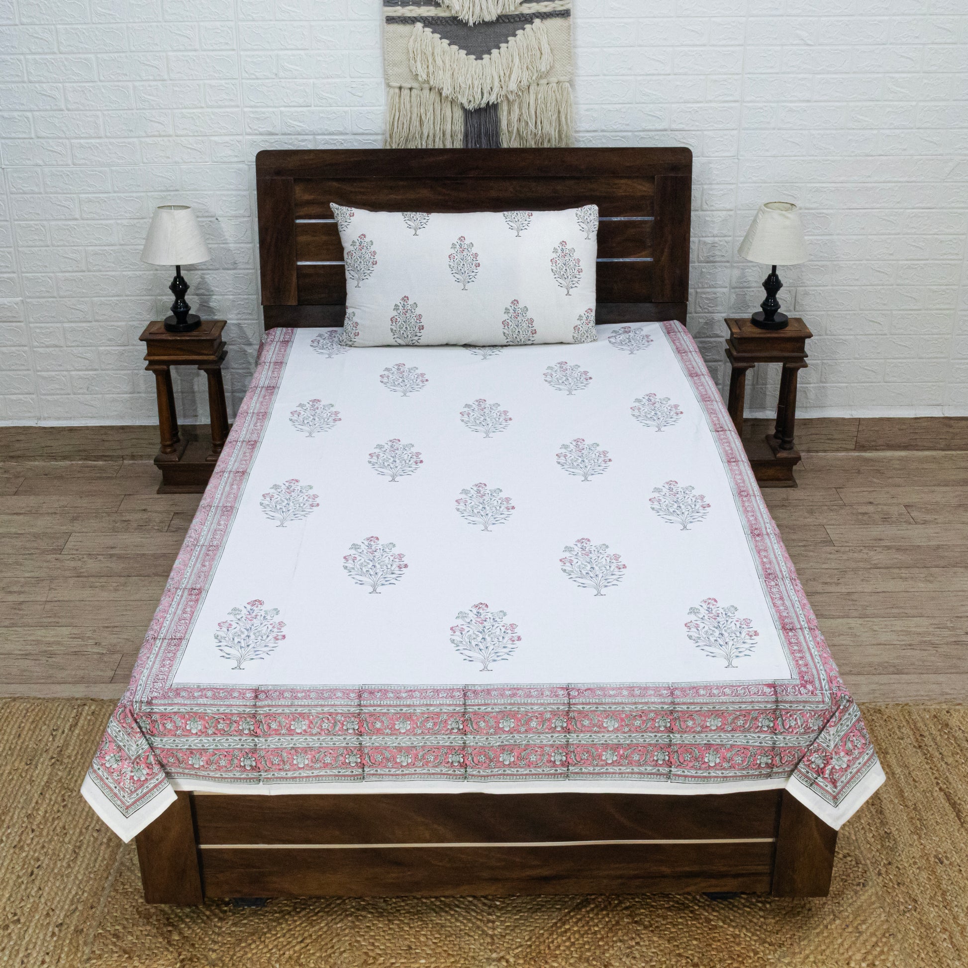 Cotton Bedsheet – Hand Block Floral Print – White & Pink – King, Queen, Twin Sizes - My Store