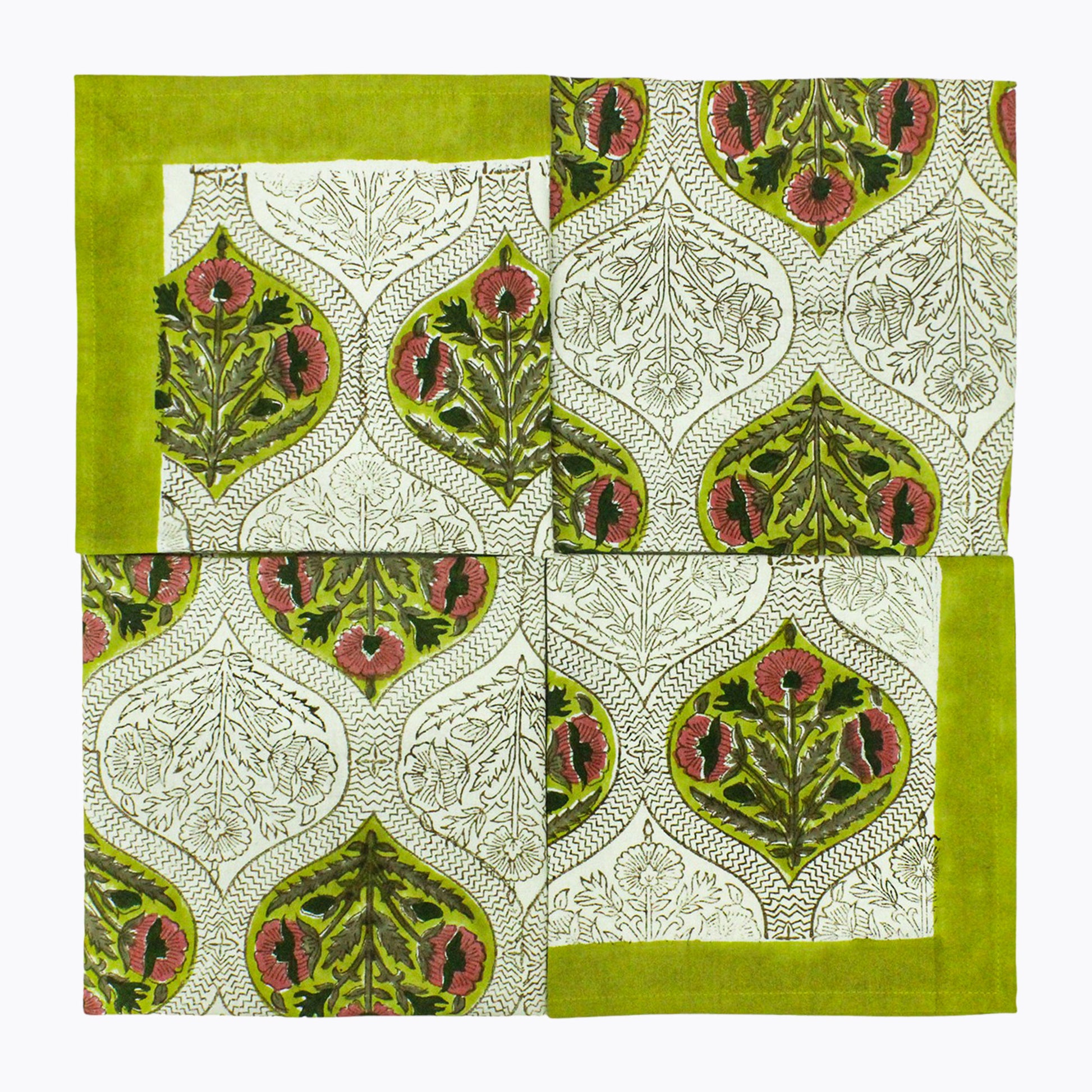 Yellow and Pink Set Of 4 Cotton Block Printed Napkins - My Store