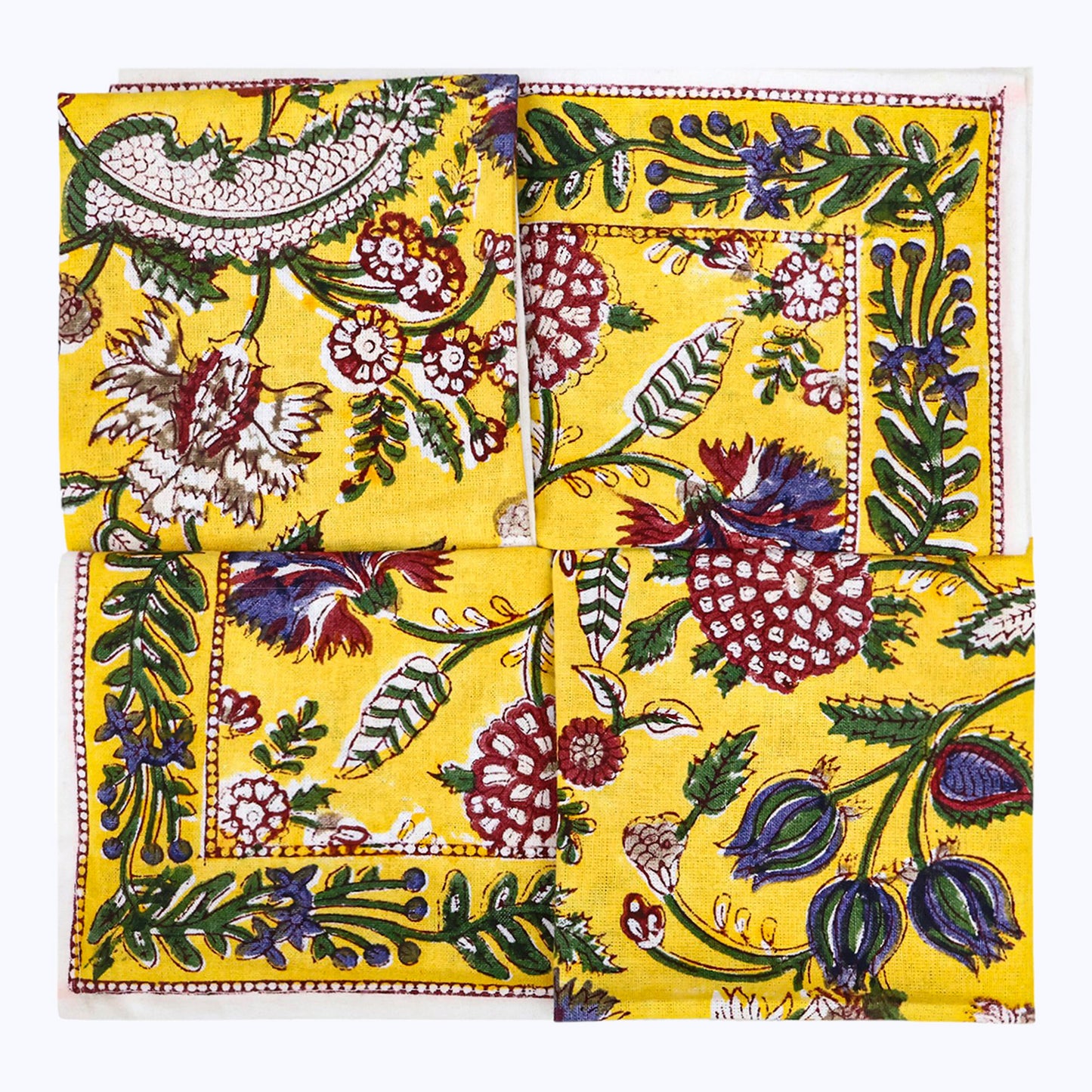 Yellow With Green Hand Block Printed Cotton Napkins Set Of 4 - My Store