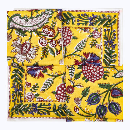 Yellow With Green Hand Block Printed Cotton Napkins Set Of 4 - My Store